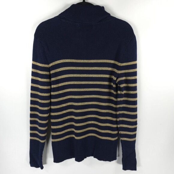 LAUREN RALPH LAUREN LOGO Navy Gold Metallic Stripe Cotton Blend Ribbed Sweater L - Picture 3 of 9